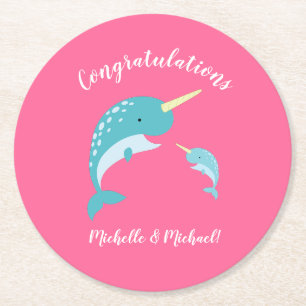 Dessous De Verre Rond Narwhal Baby shower Rose fille mignonne