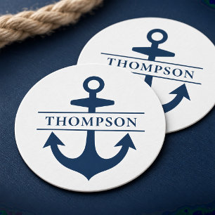 Dessous De Verre Rond Nautical Navy Blue Anchor Custom Monogram Name