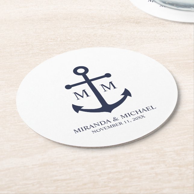 Dessous De Verre Rond Nautical Navy Blue Anchor Wedding (Incliné)