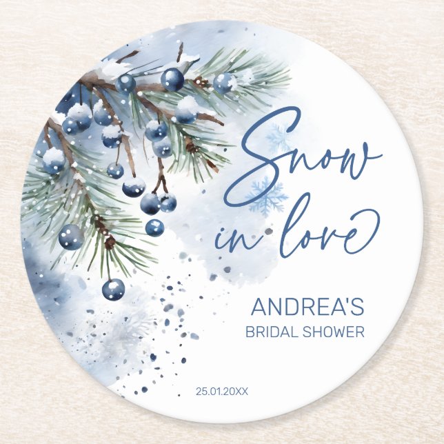 Dessous De Verre Rond Neige amoureuse douche nuptiale hiver faveurs (Devant)