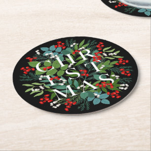 Dessous De Verre Rond NOËL Berries vertes Vacances Noir