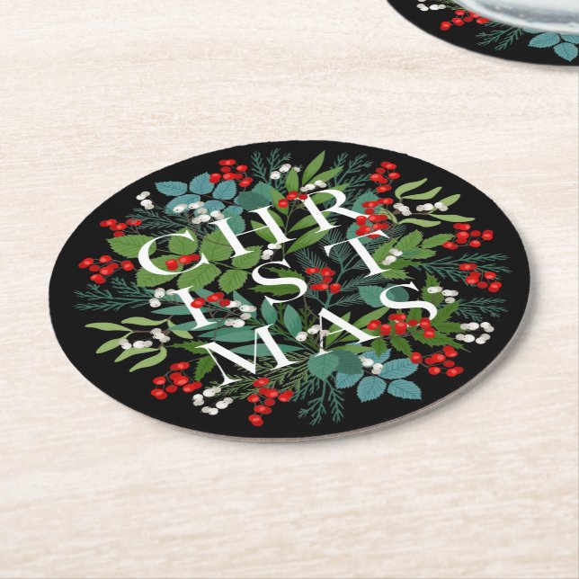 Dessous De Verre Rond NOËL Berries vertes Vacances Noir (Incliné)