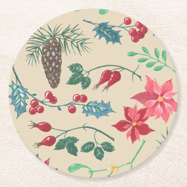 Dessous De Verre Rond Noël botanique traditionnel (beige) (Devant)
