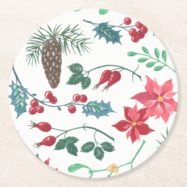 Dessous De Verre Rond Noël botanique traditionnel (blanc) (Devant)