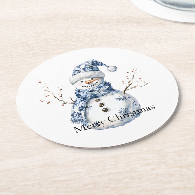 Dessous De Verre Rond Noël Chic Bleu Blanc Snowman (Incliné)