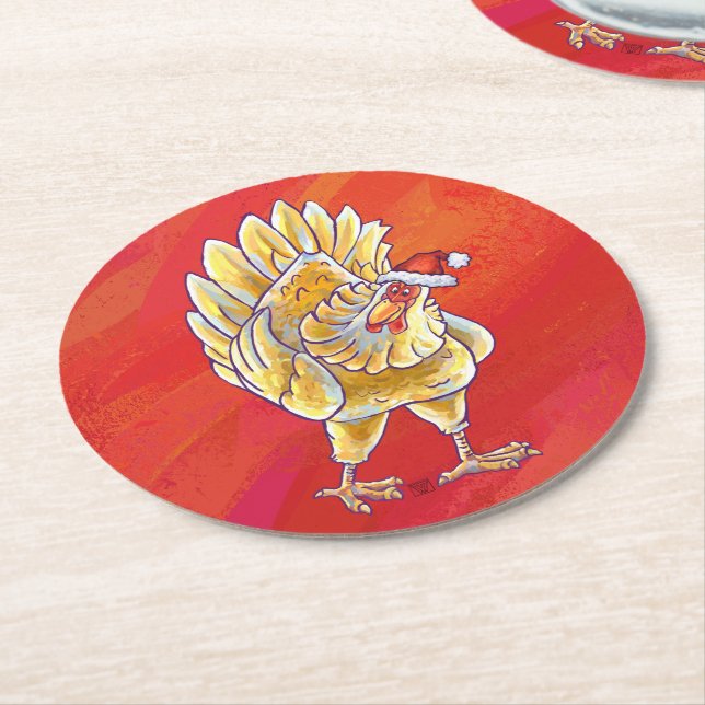Dessous De Verre Rond Noël Du Poulet Sur Rouge (Incliné)