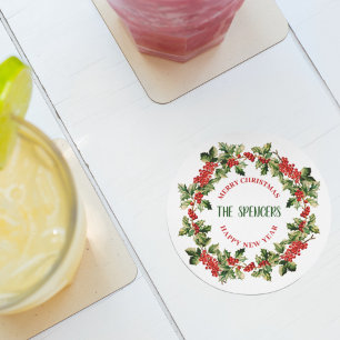 Dessous De Verre Rond Noël Holly Feuilles & Berries Joyeux Noël
