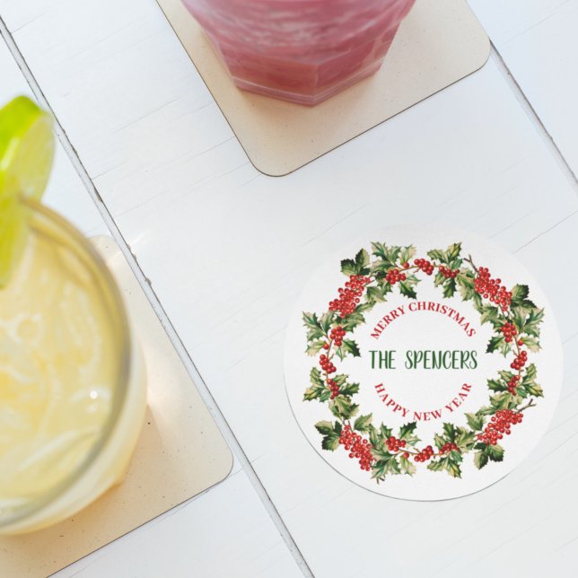 Dessous De Verre Rond Noël Holly Feuilles & Berries Joyeux Noël (Créateur téléchargé)