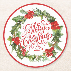 Dessous De Verre Rond Noël Red Green Wreath Holly Ivy Typographie