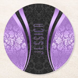 Dessous De Verre Rond Noir Et Lavande Violet Tons Floraux Damas