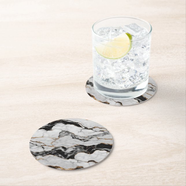 Dessous De Verre Rond Noir moderne et Marbre blanc (En situation)