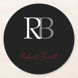 Dessous De Verre Rond Noir moderne Noir Monogramme Initiales Nom