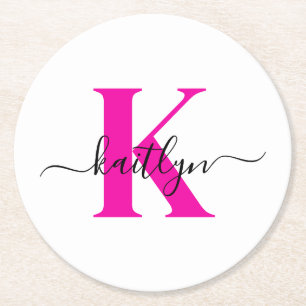 Dessous De Verre Rond Noir rose chaud Nom initial Monogramme