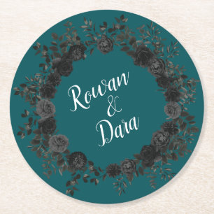 Dessous De Verre Rond Noir Turquoise Rose gothique Elégant Mariage