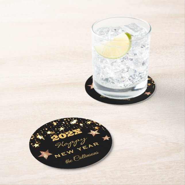 Dessous De Verre Rond Nom, Black & Gold 'Bonne année' (En situation)