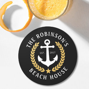Dessous De Verre Rond Nom de famille Beach House Ancre Gold Laurel Black