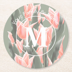 Dessous De Verre Rond Nom De Famille Élégant Monogramme Peach Tulips P