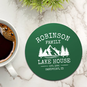 Dessous De Verre Rond Nom de famille Lake House Trees Forest Green