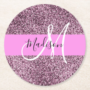 Dessous De Verre Rond Nom de monogramme en paillettes rose et violet Gla