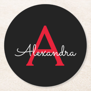 Dessous De Verre Rond Nom de monogramme girly script noir rouge