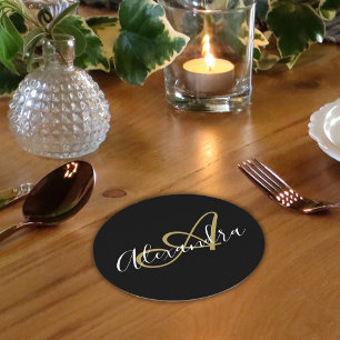 Dessous De Verre Rond Nom de script élégant Monogram Black Gold