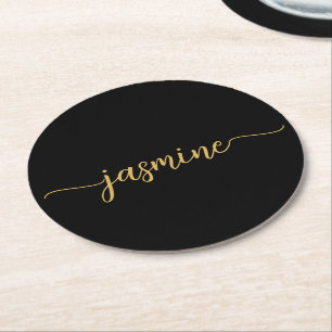Dessous De Verre Rond Nom en monogramme noir et or écriture chic signatu