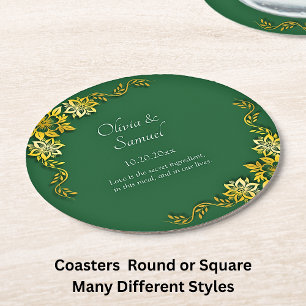 Dessous De Verre Rond Noms Date Message Vert Emeraude & Or