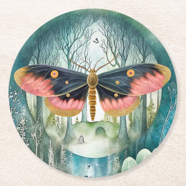 Dessous De Verre Rond Nuit de la forêt de Moth Rose (Devant)