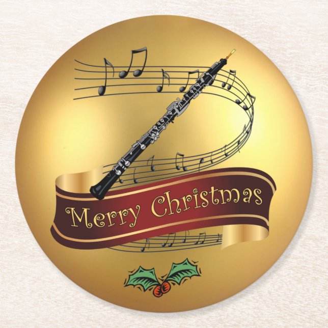 Dessous De Verre Rond Oboe ~ Scroll musical ~ Gold ~ "Joyeux Noël" ~ (Devant)