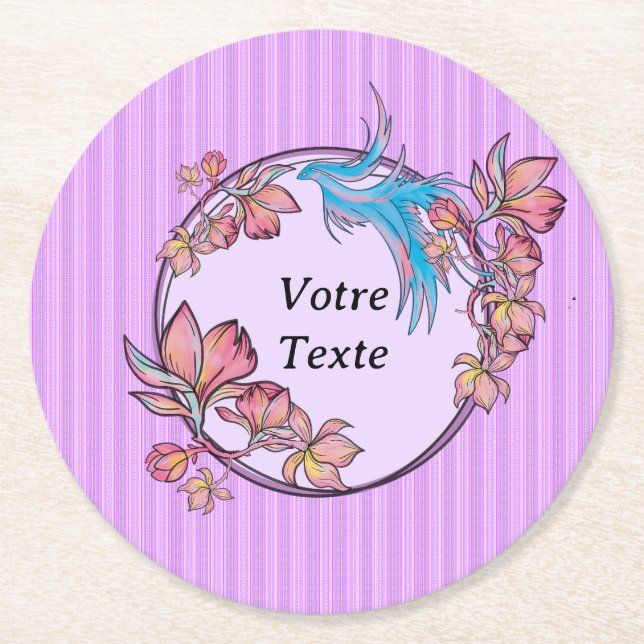 Dessous De Verre Rond oiseau violet couronne de fleur (Devant)