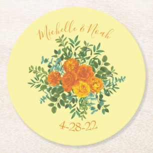 Dessous De Verre Rond Orange & Jaune clair Peony & Rose Floral Mariage
