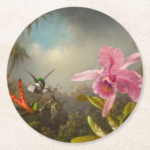 Dessous De Verre Rond Orchidée avec deux colibris Heade