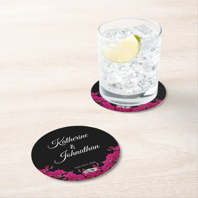 Dessous De Verre Rond Orchidées Fuchsia sur Mariage noir (En situation)