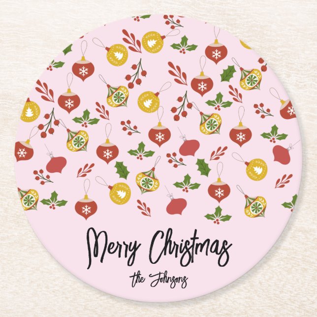 Dessous De Verre Rond Ornements de Noël Festive Verdure rose (Devant)