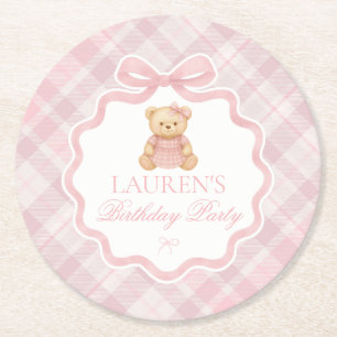 Dessous De Verre Rond Ours à nœud papillon rose Plaid Anniversaire