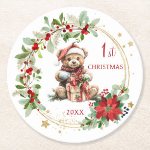 Dessous De Verre Rond Ours Poinsettia Foliage Baby's First Christmas