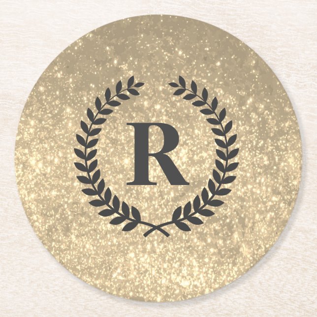 Dessous De Verre Rond Paillettes dorées avec monogramme (Devant)