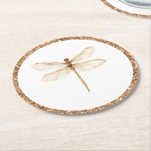 Dessous De Verre Rond Paillettes Faux Or Libellule Blanche Anniversaire
