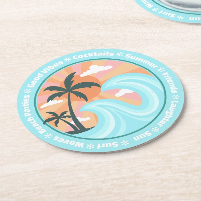 Dessous De Verre Rond Palmiers tropicaux Hawaiian Island Good Vibes (Incliné)