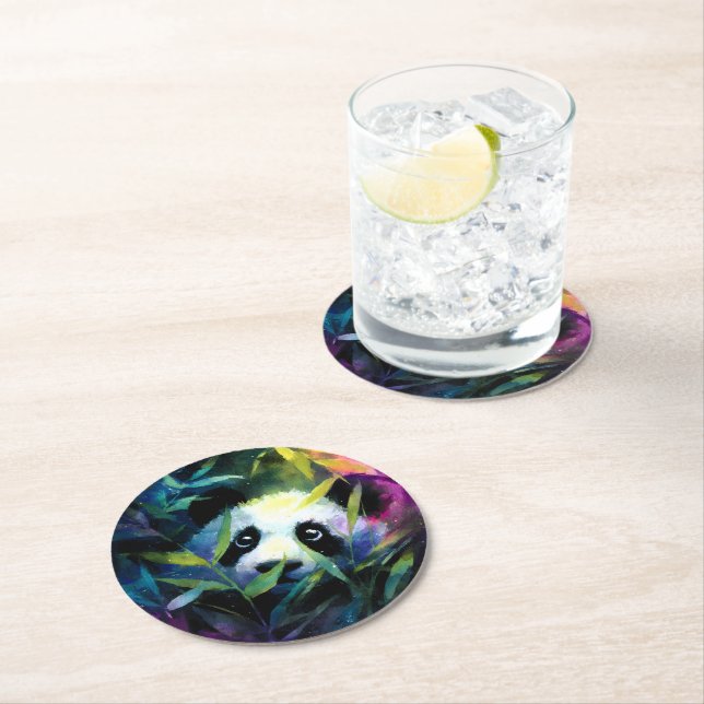 Dessous De Verre Rond Panda Peeking Bamboo Aquarelle (En situation)