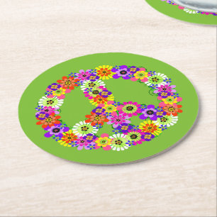 Dessous De Verre Rond Panneau de paix Floral sur Lime Green