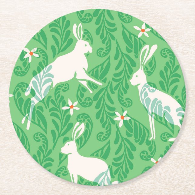 Dessous De Verre Rond Paper Coaster in spring green rabbits and ferns (Devant)