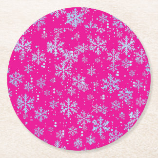 Dessous De Verre Rond Paper Coasters, Bright Fuchsia Snowflakes