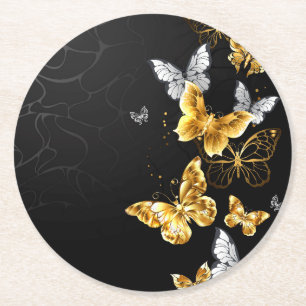 Dessous De Verre Rond Papillons blancs et dorés