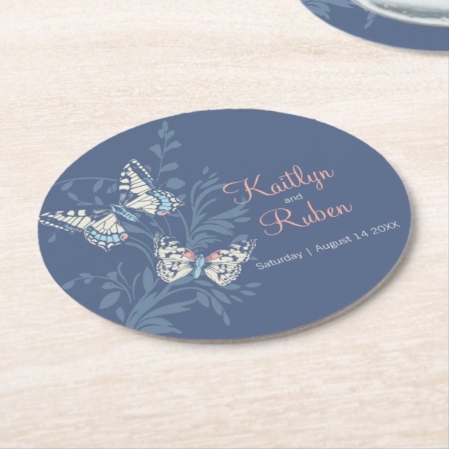 Dessous De Verre Rond papillons d'art mariage corail bleu (Incliné)