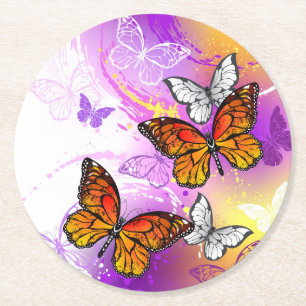 Dessous De Verre Rond Papillons Monarque sur Arrière - plan pourpre