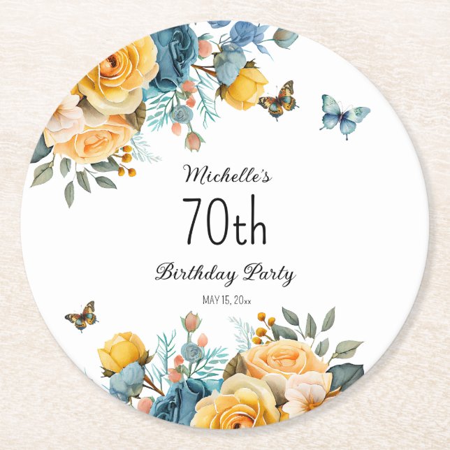 Dessous De Verre Rond Papillons Rose Dusty Jaune 70e anniversaire (Devant)