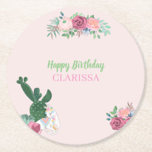 Dessous De Verre Rond PARTI LAMA-alpaca "ANNIVERSAIRE HEUREUX + NOM"