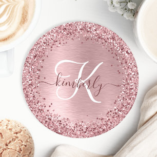 Dessous De Verre Rond Parties scintillant en métal brossé rose pâle Nom 