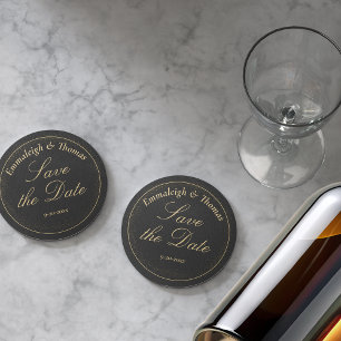 Dessous De Verre Rond Parties scintillant en or noir Enregistrer la date